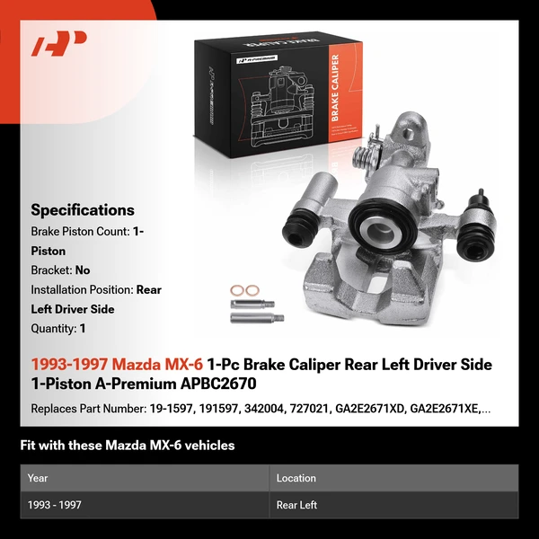 1993-1997 Mazda MX-6 1-Pc Brake Caliper Rear Left Driver Side 1-Piston A-Premium APBC2670