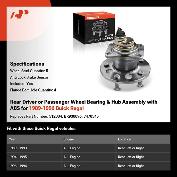 Rear Driver or Passenger Wheel Bearing & Hub Assembly with ABS for 1989-1996 Buick Regal