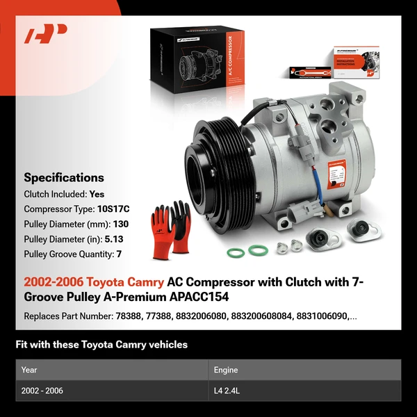 2002-2006 Toyota Camry AC Compressor with Clutch with 7-Groove Pulley A-Premium APACC154