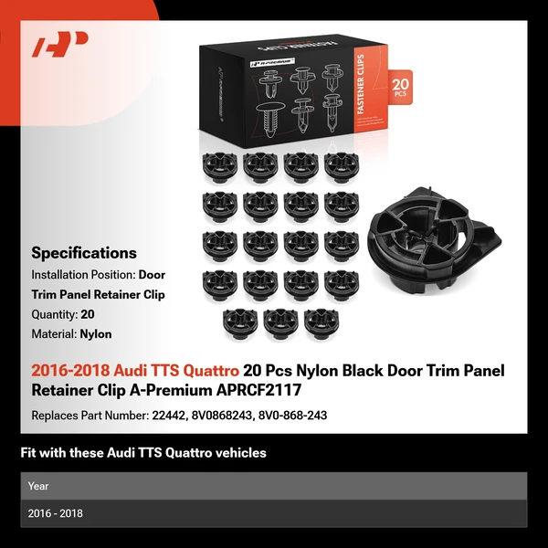 2016-2018 Audi TTS Quattro 20 Pcs Nylon Black Door Trim Panel Retainer Clip A-Premium APRCF2117