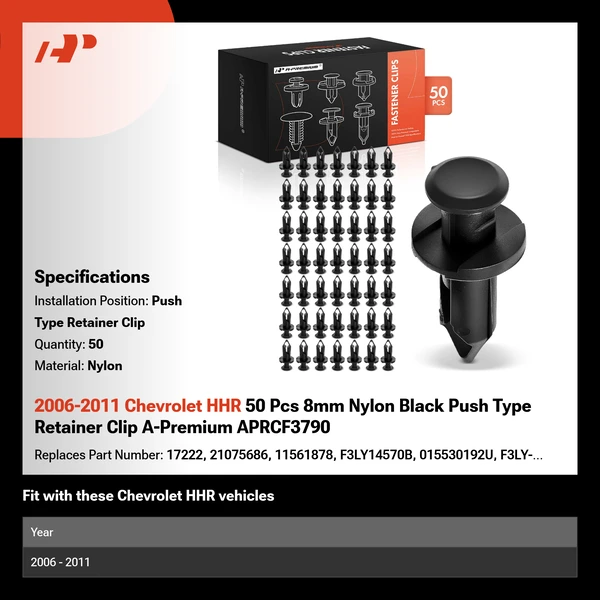 2006-2011 Chevrolet HHR 50 Pcs 8mm Nylon Black Push Type Retainer Clip A-Premium APRCF3790