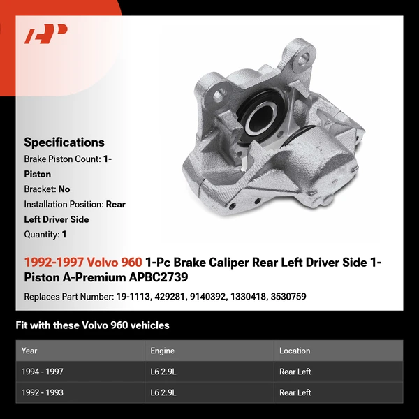 1992-1997 Volvo 960 1-Pc Brake Caliper Rear Left Driver Side 1-Piston A-Premium APBC2739
