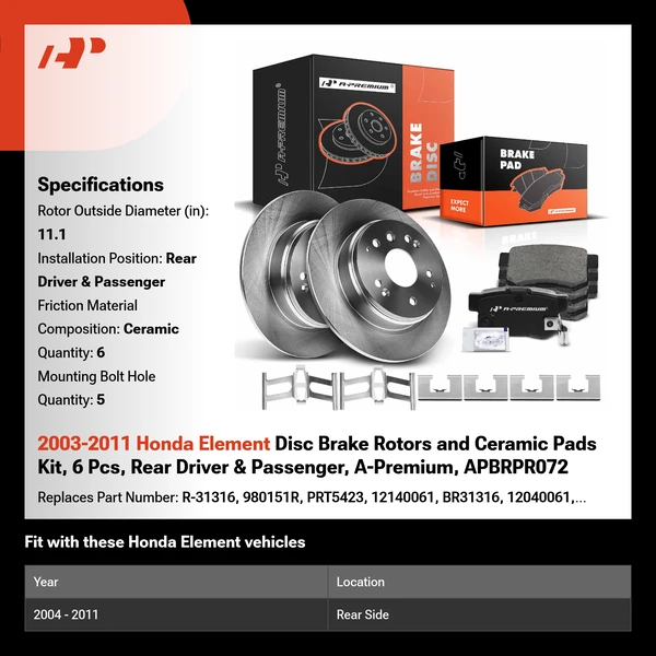 2003-2011 Honda Element Disc Brake Rotors and Ceramic Pads Kit, 6 Pcs, Rear Driver & Passenger, A-Premium, APBRPR072