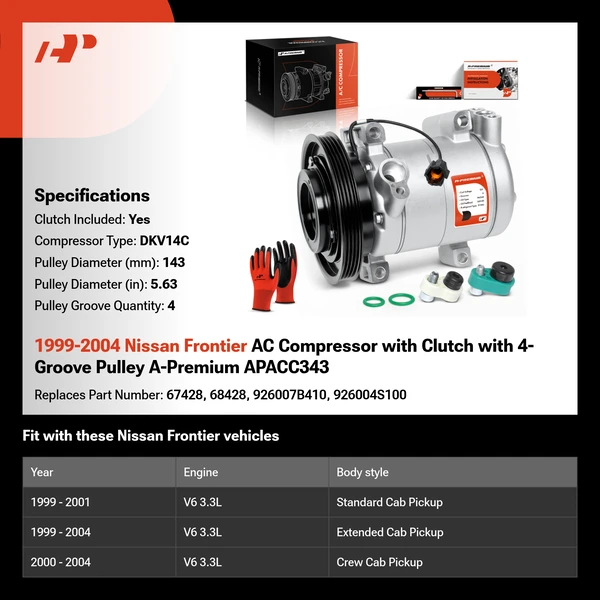 1999-2004 Nissan Frontier AC Compressor with Clutch with 4-Groove Pulley A-Premium APACC343