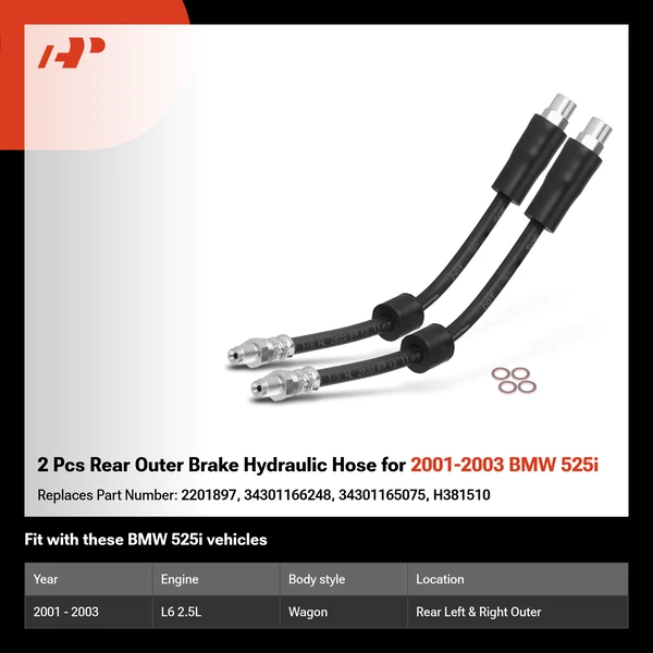 2 Pcs Rear Outer Brake Hydraulic Hose for 2001-2003 BMW 525i