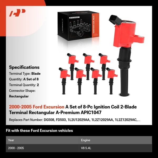 2000-2005 Ford Excursion A Set of 8-Pc Ignition Coil 2-Blade Terminal Rectangular A-Premium APIC1047