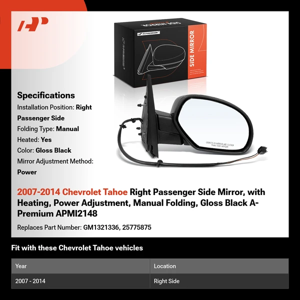 2007-2014 Chevrolet Tahoe Right Passenger Side Mirror, with Heating, Power Adjustment, Manual Folding, Gloss Black A-Premium APMI2148
