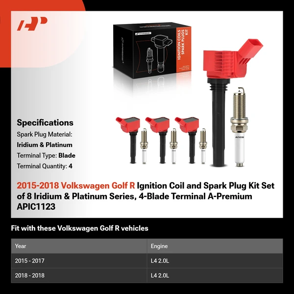 2015-2018 Volkswagen Golf R Ignition Coil and Spark Plug Kit Set of 8 Iridium & Platinum Series, 4-Blade Terminal A-Premium APIC1123