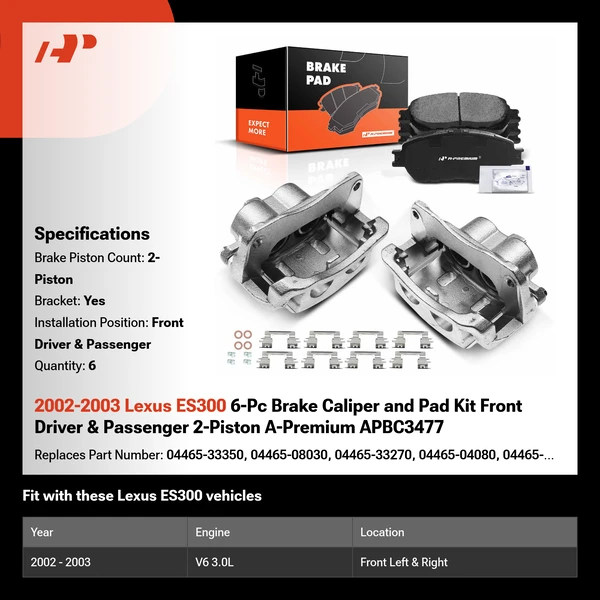 2002-2003 Lexus ES300 6-Pc Brake Caliper and Pad Kit Front Driver & Passenger 2-Piston A-Premium APBC3477