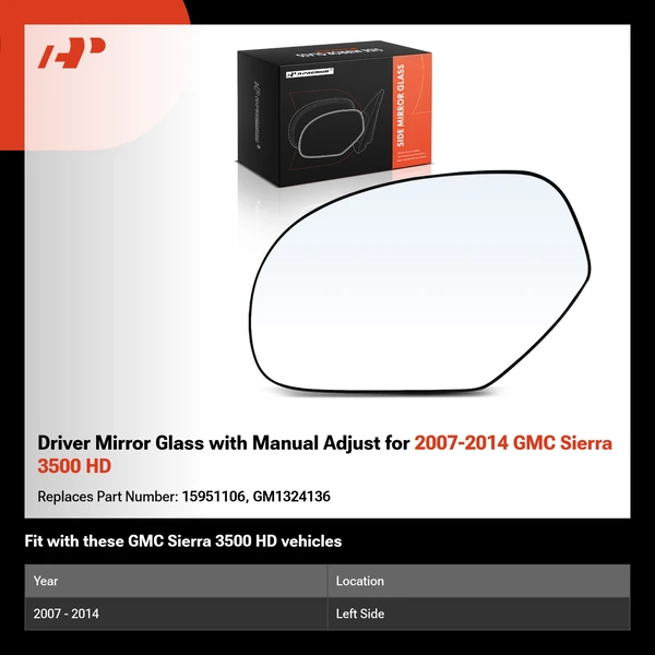 Driver Mirror Glass with Manual Adjust for 2007-2014 GMC Sierra 3500 HD