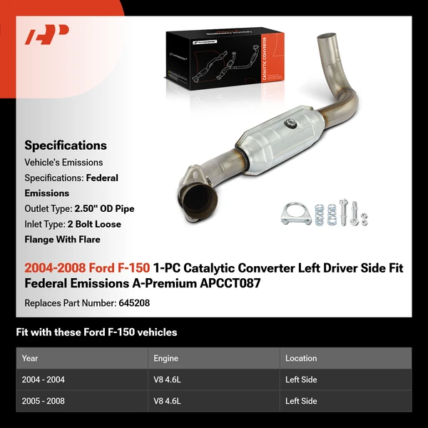 2004-2008 Ford F-150 1-PC Catalytic Converter Left Driver Side Fit Federal Emissions A-Premium APCCT087