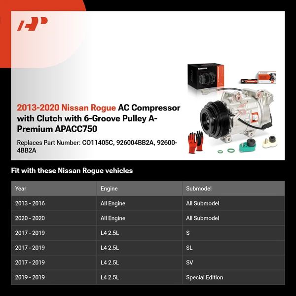 2013-2020 Nissan Rogue AC Compressor with Clutch with 6-Groove Pulley A-Premium APACC750