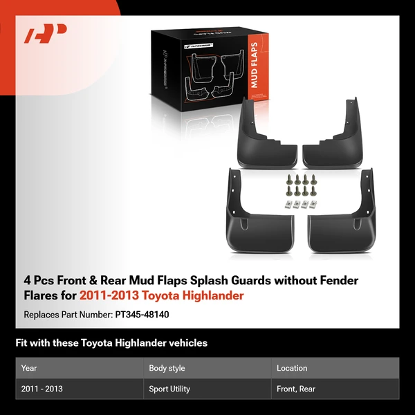 4 Pcs Front & Rear Mud Flaps Splash Guards without Fender Flares for 2011-2013 Toyota Highlander