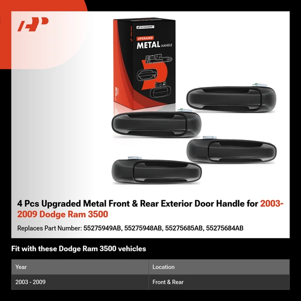 4 Pcs Upgraded Metal Front & Rear Exterior Door Handle for 2003-2009 Dodge Ram 3500