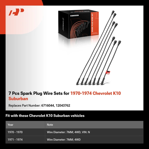 7 Pcs Spark Plug Wire Sets for 1970-1974 Chevrolet K10 Suburban