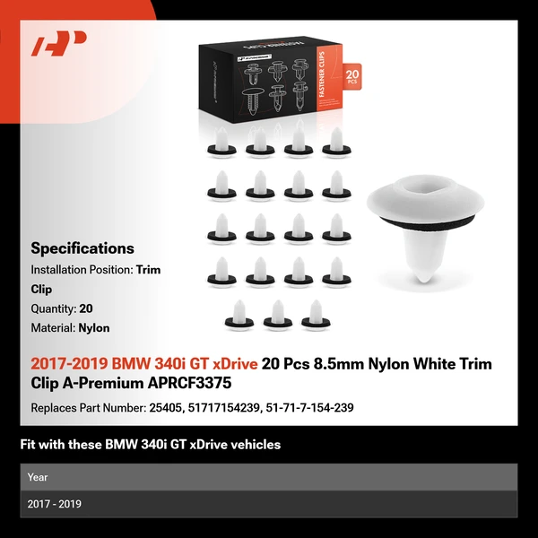 2017-2019 BMW 340i GT xDrive 20 Pcs 8.5mm Nylon White Trim Clip A-Premium APRCF3375