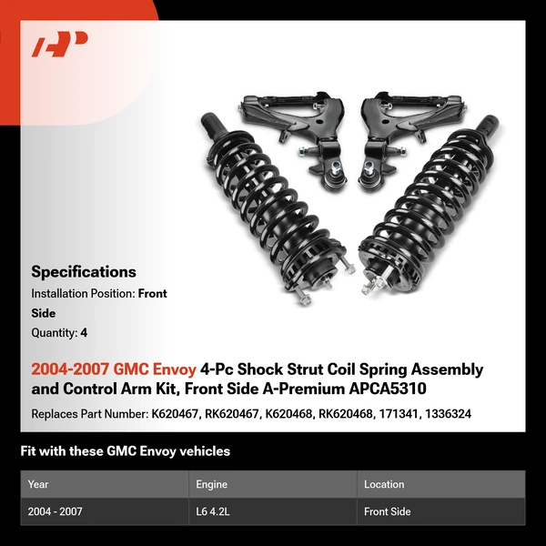 2004-2007 GMC Envoy 4-Pc Shock Strut Coil Spring Assembly and Control Arm Kit, Front Side A-Premium APCA5310