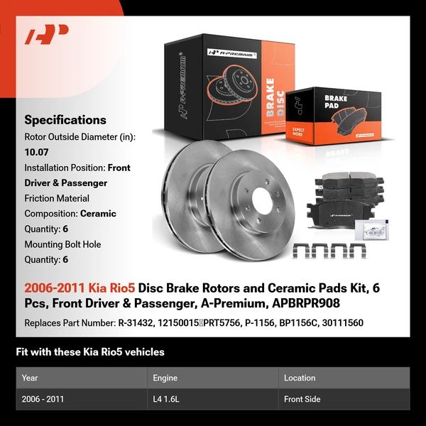 2006-2011 Kia Rio5 Disc Brake Rotors and Ceramic Pads Kit, 6 Pcs, Front Driver & Passenger, A-Premium, APBRPR908