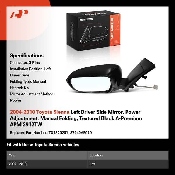 2004-2010 Toyota Sienna Left Driver Side Mirror, Power Adjustment, Manual Folding, Textured Black A-Premium APMI2912TW