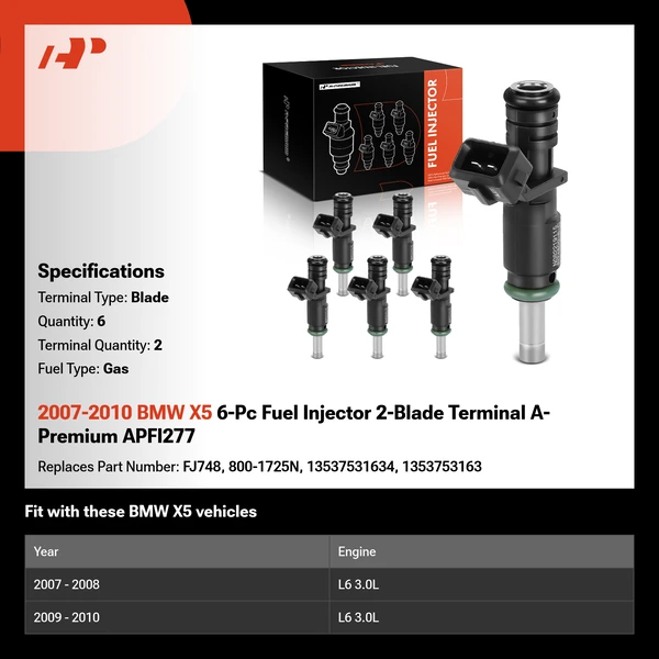 2007-2010 BMW X5 6-Pc Fuel Injector 2-Blade Terminal A-Premium APFI277