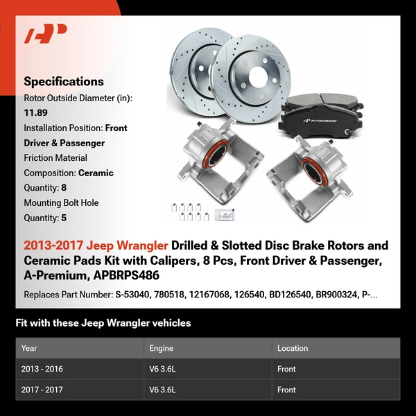 2013-2017 Jeep Wrangler Drilled & Slotted Disc Brake Rotors and Ceramic Pads Kit with Calipers, 8 Pcs, Front Driver & Passenger, A-Premium, APBRPS486