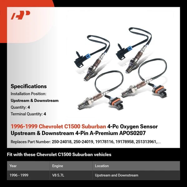 1996-1999 Chevrolet C1500 Suburban 4-Pc Oxygen Sensor Upstream & Downstream 4-Pin A-Premium APOS0207