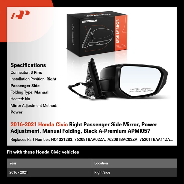 2016-2021 Honda Civic Right Passenger Side Mirror, Power Adjustment, Manual Folding, Black A-Premium APMI057