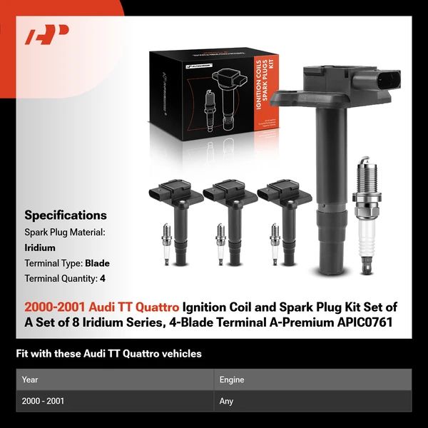 2000-2001 Audi TT Quattro Ignition Coil and Spark Plug Kit Set of A Set of 8 Iridium Series, 4-Blade Terminal A-Premium APIC0761
