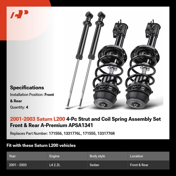 2001-2003 Saturn L200 4-Pc Strut and Coil Spring Assembly Set Front & Rear A-Premium APSA1341