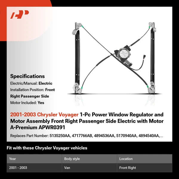 2001-2003 Chrysler Voyager 1-Pc Power Window Regulator and Motor Assembly Front Right Passenger Side Electric with Motor A-Premium APWR0391