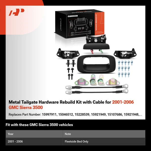 Metal Tailgate Hardware Rebuild Kit with Cable for 2001-2006 GMC Sierra 3500