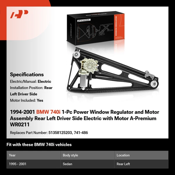 1994-2001 BMW 740i 1-Pc Power Window Regulator and Motor Assembly Rear Left Driver Side Electric with Motor A-Premium WR0211