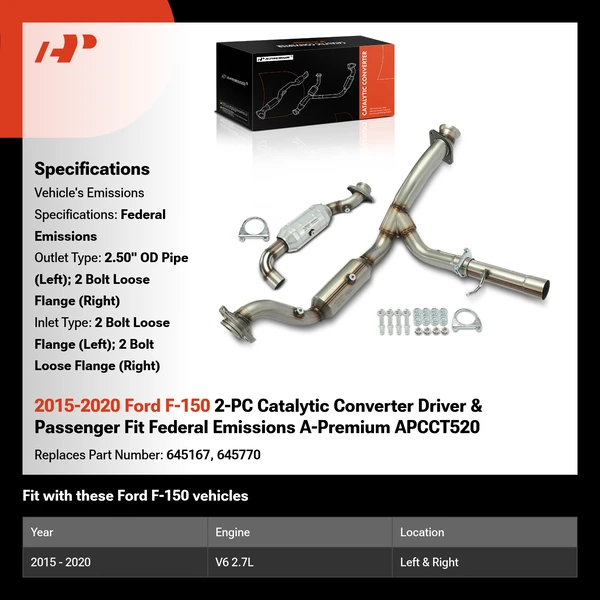 2015-2020 Ford F-150 2-PC Catalytic Converter Driver & Passenger Fit Federal Emissions A-Premium APCCT520