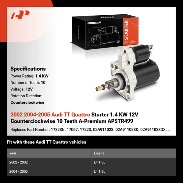 2002 2004-2005 Audi TT Quattro Starter 1.4 KW 12V Counterclockwise 10 Teeth A-Premium APSTR499