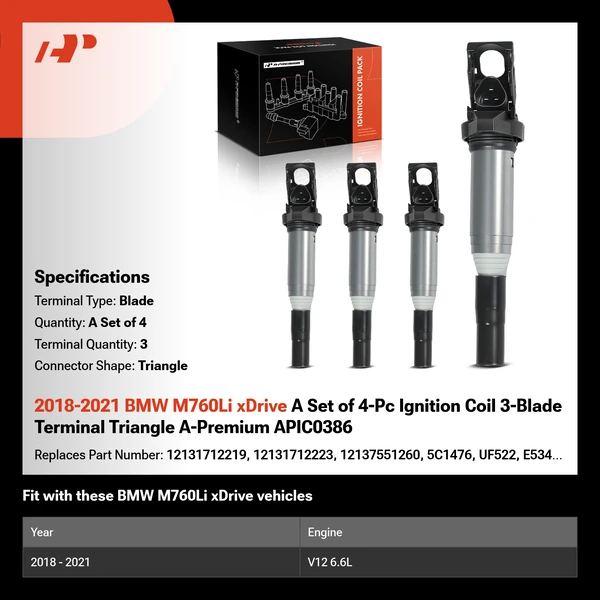 2018-2021 BMW M760Li xDrive A Set of 4-Pc Ignition Coil 3-Blade Terminal Triangle A-Premium APIC0386