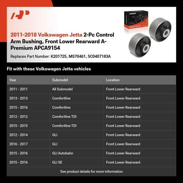 2011-2018 Volkswagen Jetta 2-Pc Control Arm Bushing, Front Lower Rearward A-Premium APCA9154