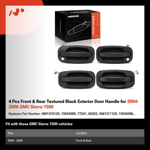 4 Pcs Front & Rear Textured Black Exterior Door Handle for 2004-2006 GMC Sierra 1500