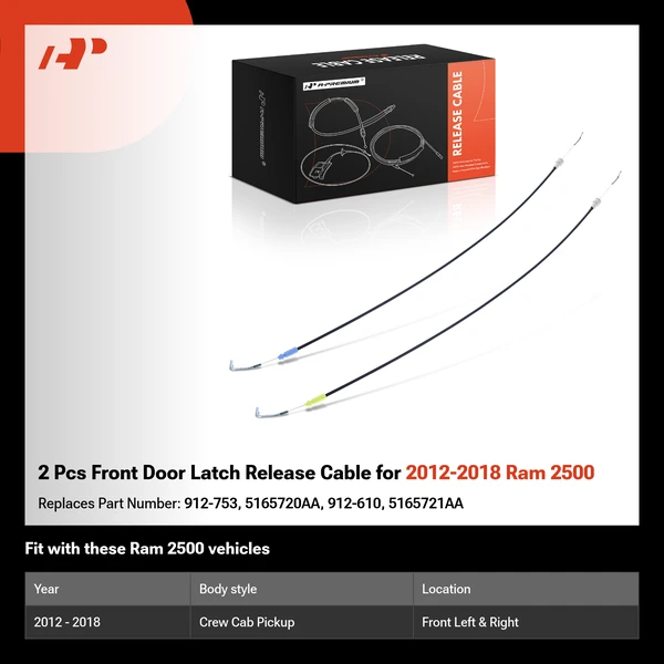 2 Pcs Front Door Latch Release Cable for 2012-2018 Ram 2500