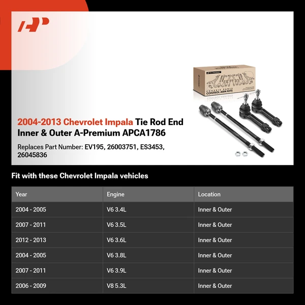 2004-2013 Chevrolet Impala Tie Rod End Inner & Outer A-Premium APCA1786