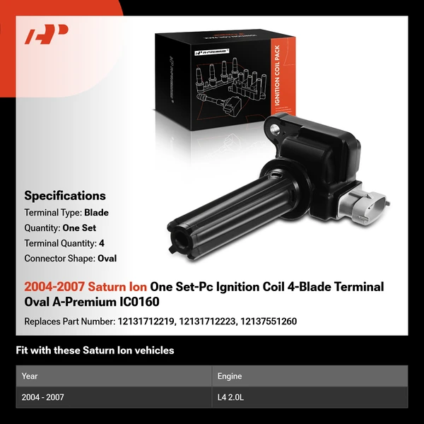 2004-2007 Saturn Ion One Set-Pc Ignition Coil 4-Blade Terminal Oval A-Premium IC0160