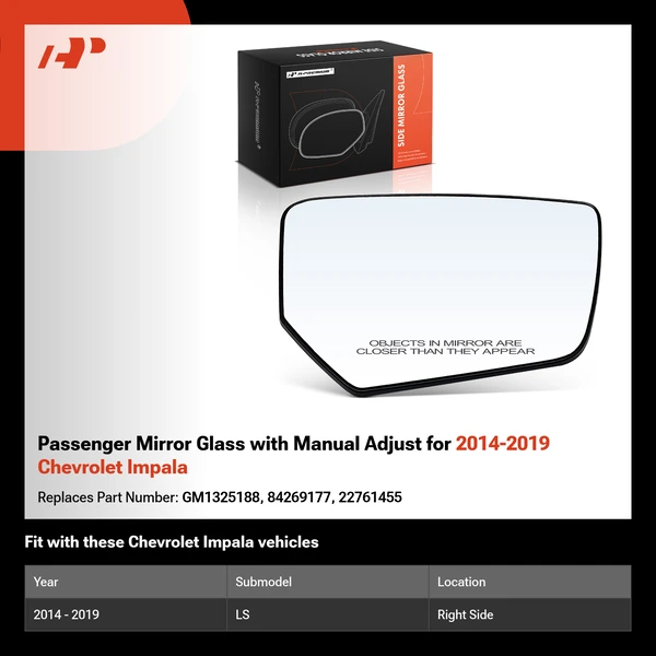 Passenger Mirror Glass with Manual Adjust for 2014-2019 Chevrolet Impala