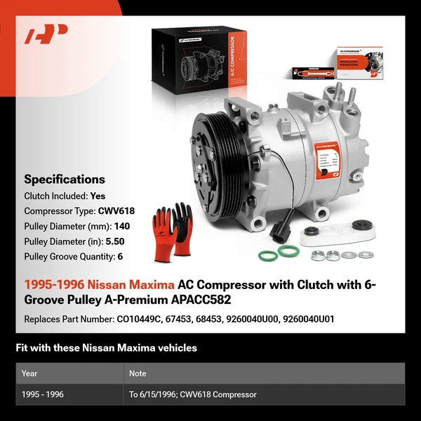 1995-1996 Nissan Maxima AC Compressor with Clutch with 6-Groove Pulley A-Premium APACC582