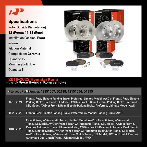 2018-2022 Hyundai Kona Disc Brake Rotors and Ceramic Pads Kit, 12 Pcs, Front & Rear, A-Premium, APBRPR2012
