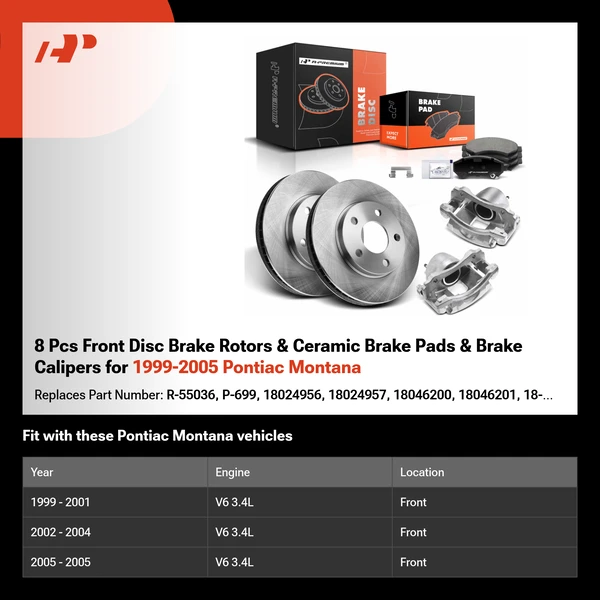 8 Pcs Front Disc Brake Rotors & Ceramic Brake Pads & Brake Calipers for 1999-2005 Pontiac Montana