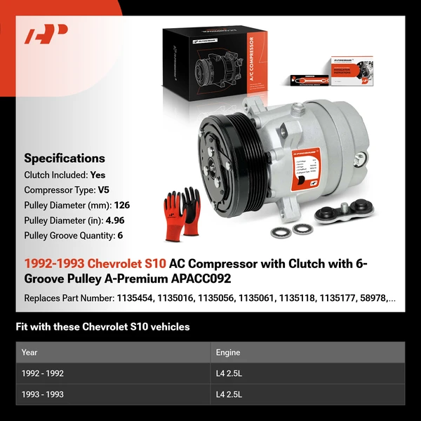 1992-1993 Chevrolet S10 AC Compressor with Clutch with 6-Groove Pulley A-Premium APACC092