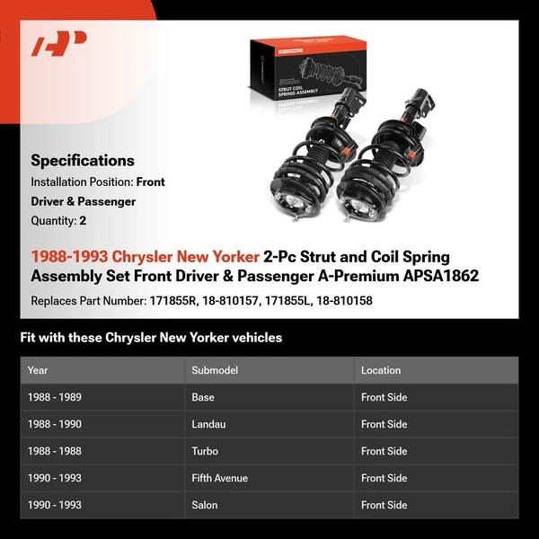 1988-1993 Chrysler New Yorker 2-Pc Strut and Coil Spring Assembly Set Front Driver & Passenger A-Premium APSA1862