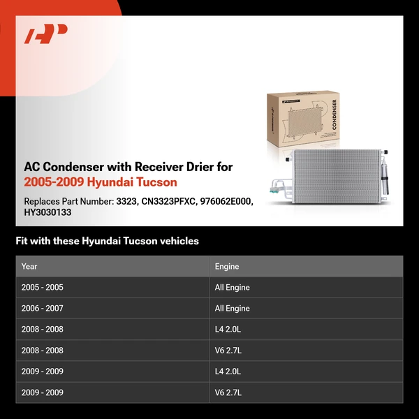 AC Condenser with Receiver Drier for 2005-2009 Hyundai Tucson