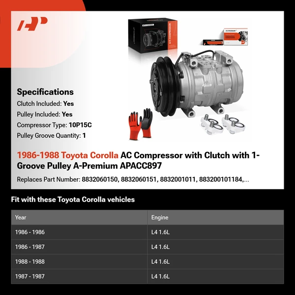 1986-1988 Toyota Corolla AC Compressor with Clutch with 1-Groove Pulley A-Premium APACC897