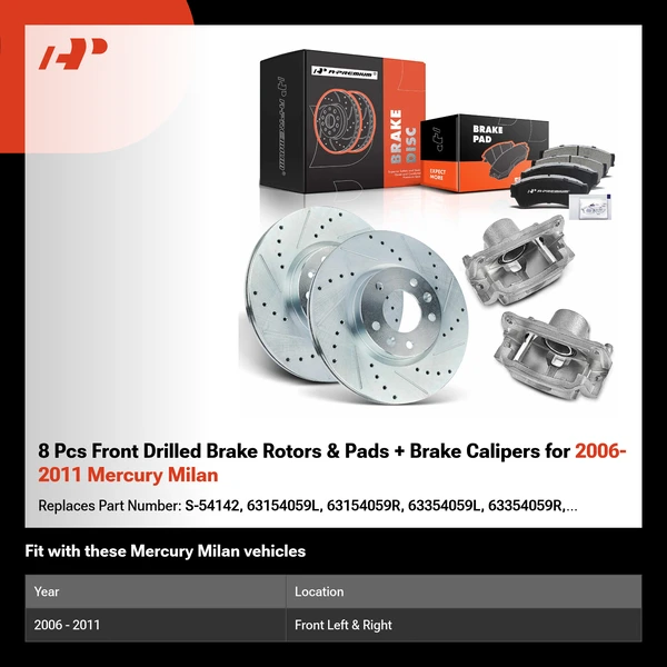 8 Pcs Front Drilled Brake Rotors & Pads + Brake Calipers for 2006-2011 Mercury Milan