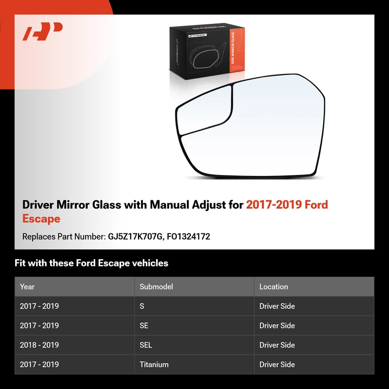 Driver Mirror Glass with Manual Adjust for 2017-2019 Ford Escape